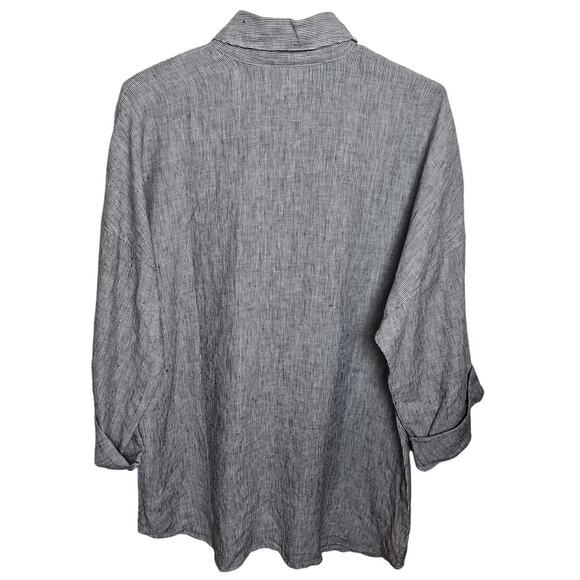 Chico's 2 Gray/ White Striped Linen  Button Front 3/4 Length Sleeve Blouse - Picture 3 of 5